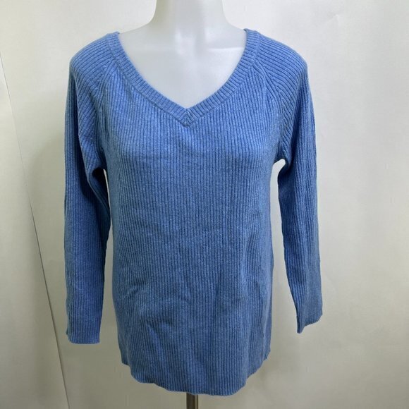 State Cashmere Sweater L Blue Striped V-neck 100% Cashmere